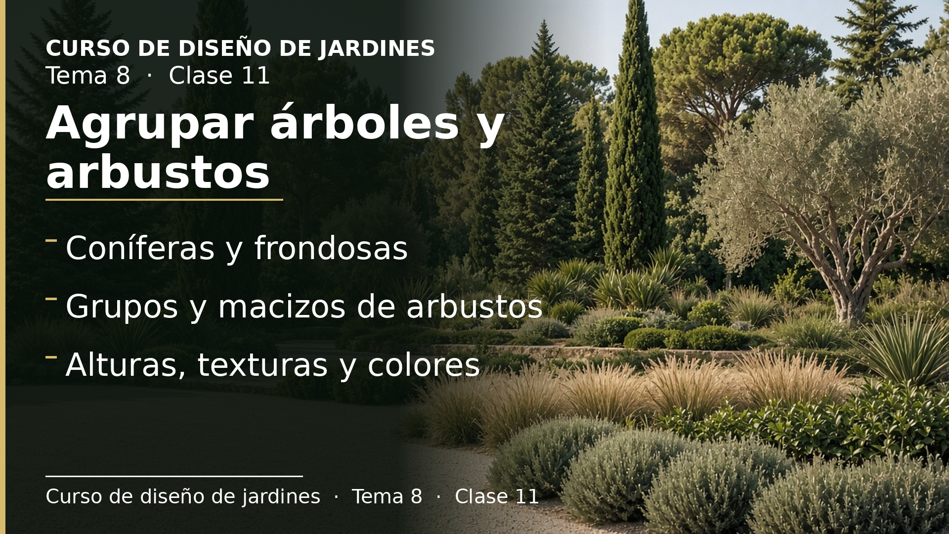 Diapositiva de la clase 11: Cómo agrupar árboles y arbustos: coníferas, frondosas y macizos