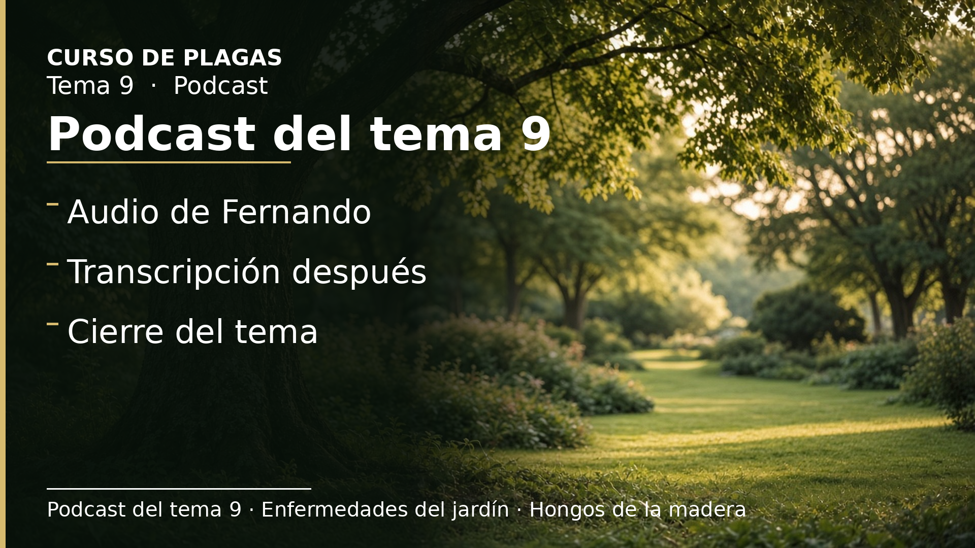 Diapositiva del resumen: Podcast del tema 9 · Enfermedades del jardín · Hongos de la madera