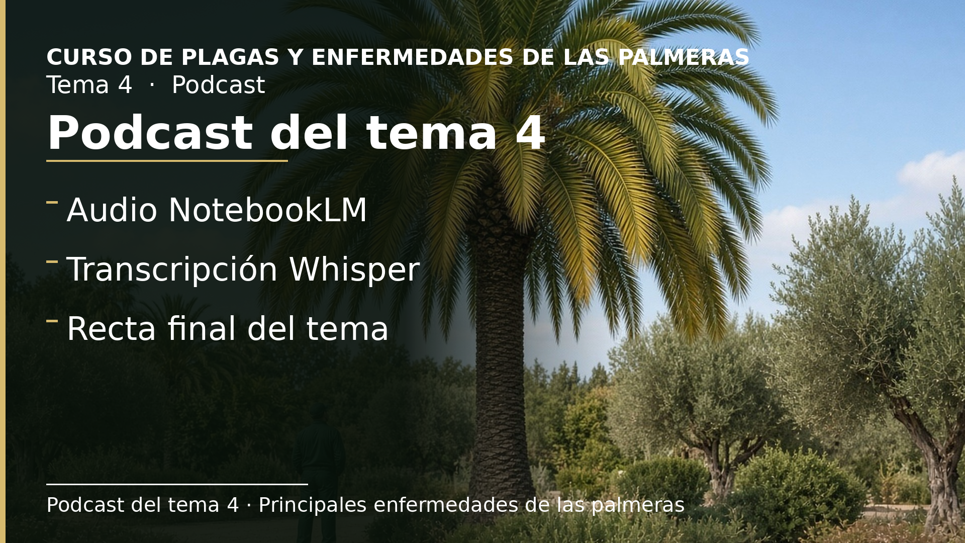 Diapositiva del resumen: Podcast del tema 4 · Principales enfermedades de las palmeras