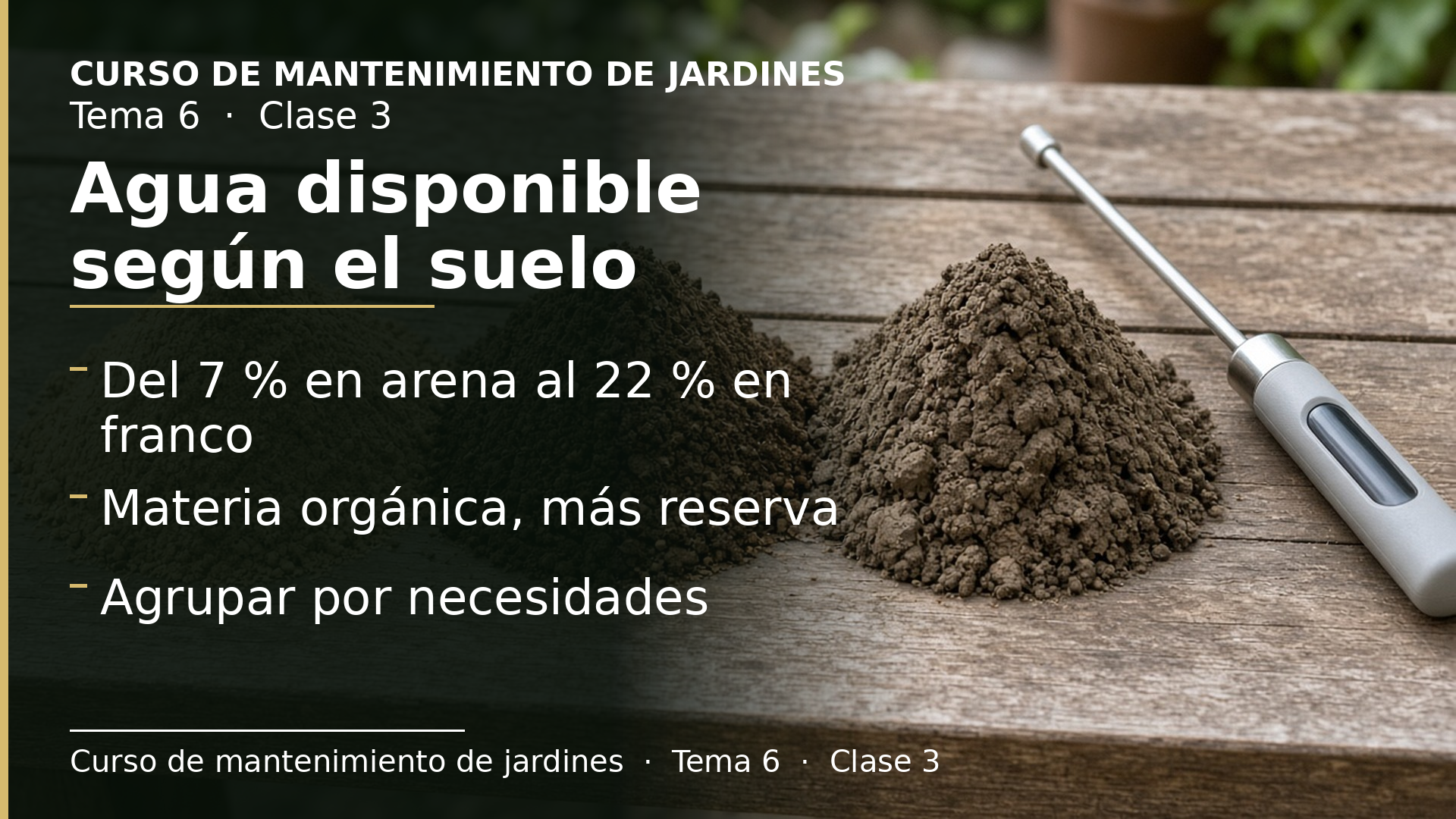 Diapositiva de la clase 3: Agua disponible según el suelo y buenas prácticas de riego