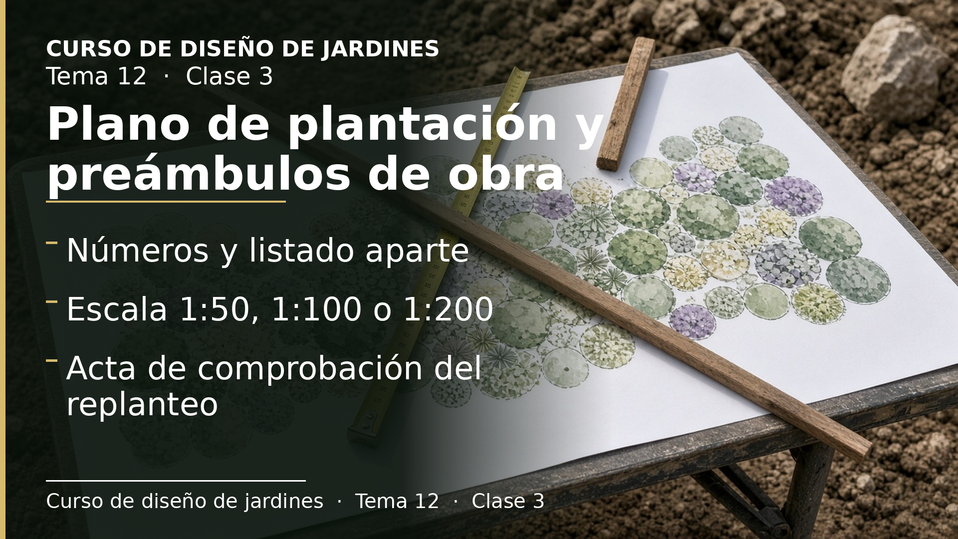 Diapositiva de la clase 3: El plano de plantación, el replanteo y los preámbulos de la obra