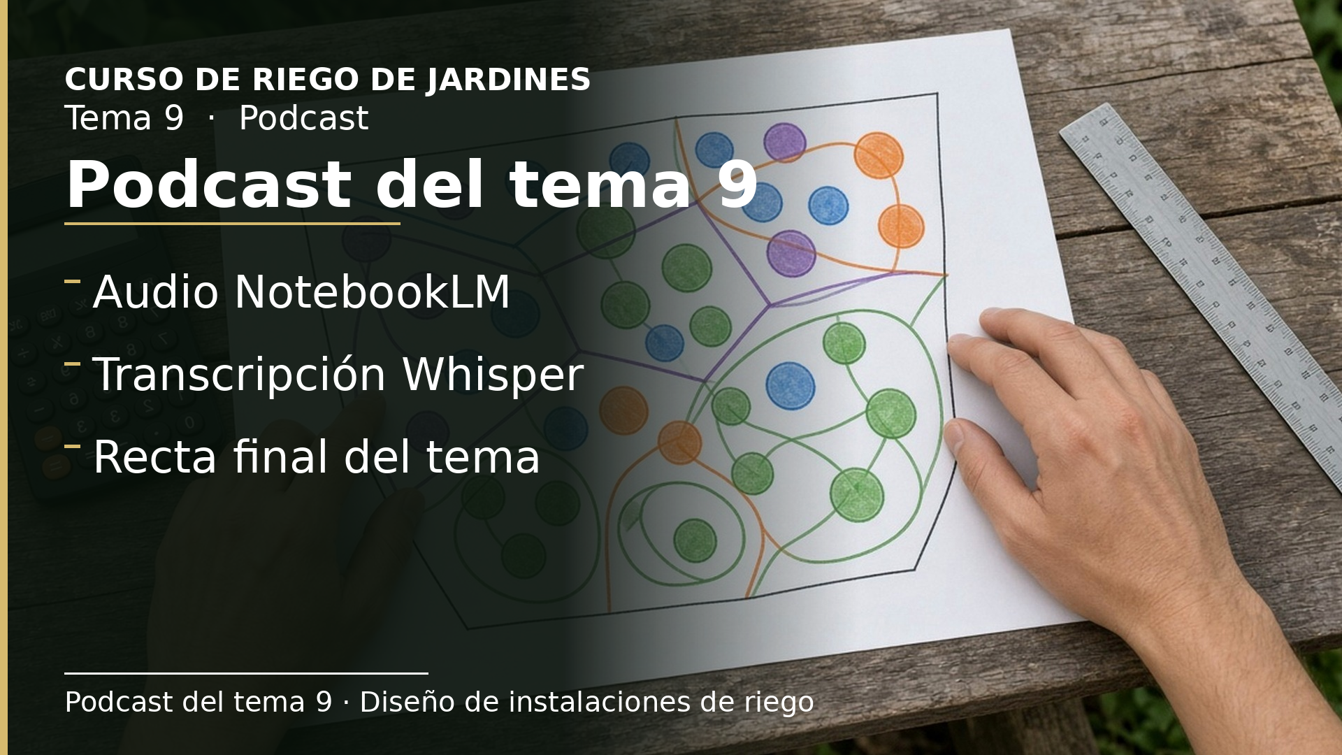 Diapositiva del resumen: Podcast del tema 9 · Diseño de instalaciones de riego