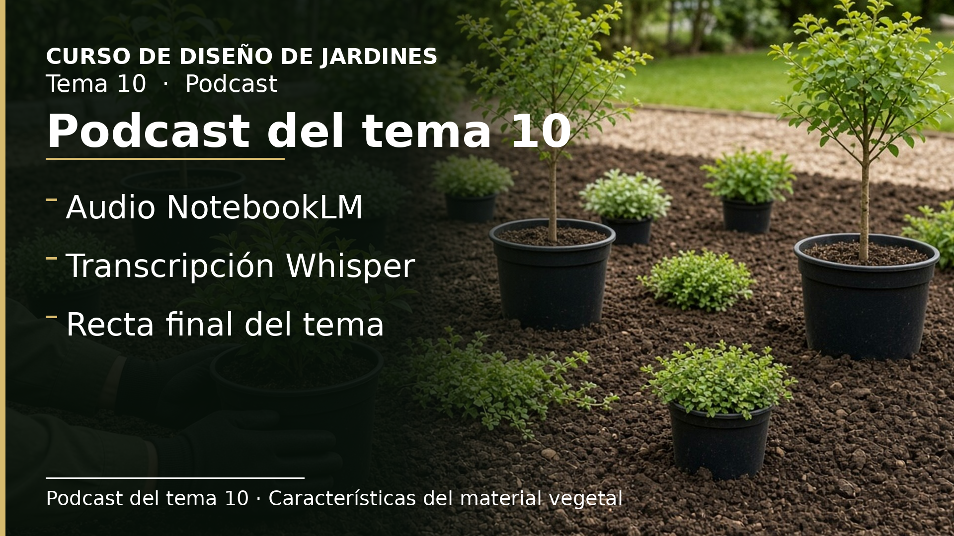 Diapositiva del resumen: Podcast del tema 10 · Características del material vegetal