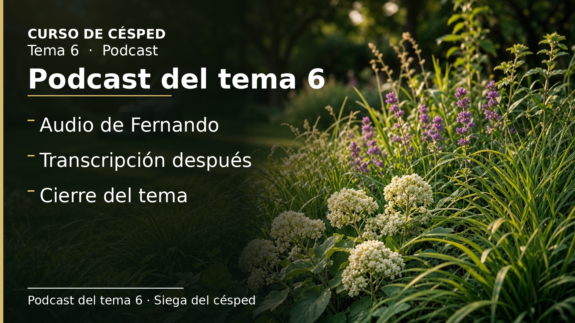 Diapositiva del resumen: Podcast del tema 6 · Siega del césped