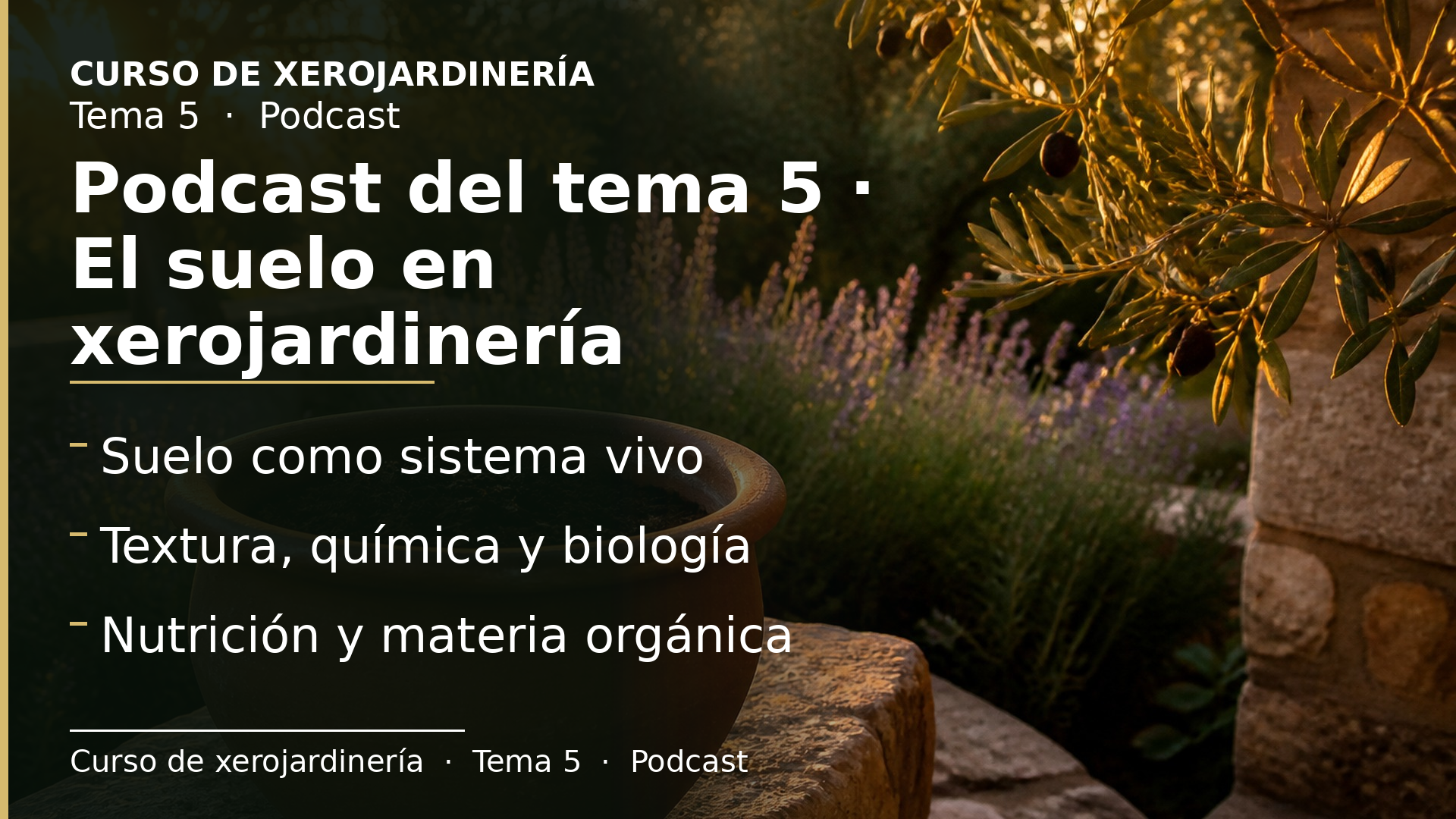 Diapositiva del resumen: Podcast del tema 5 · El suelo en xerojardinería