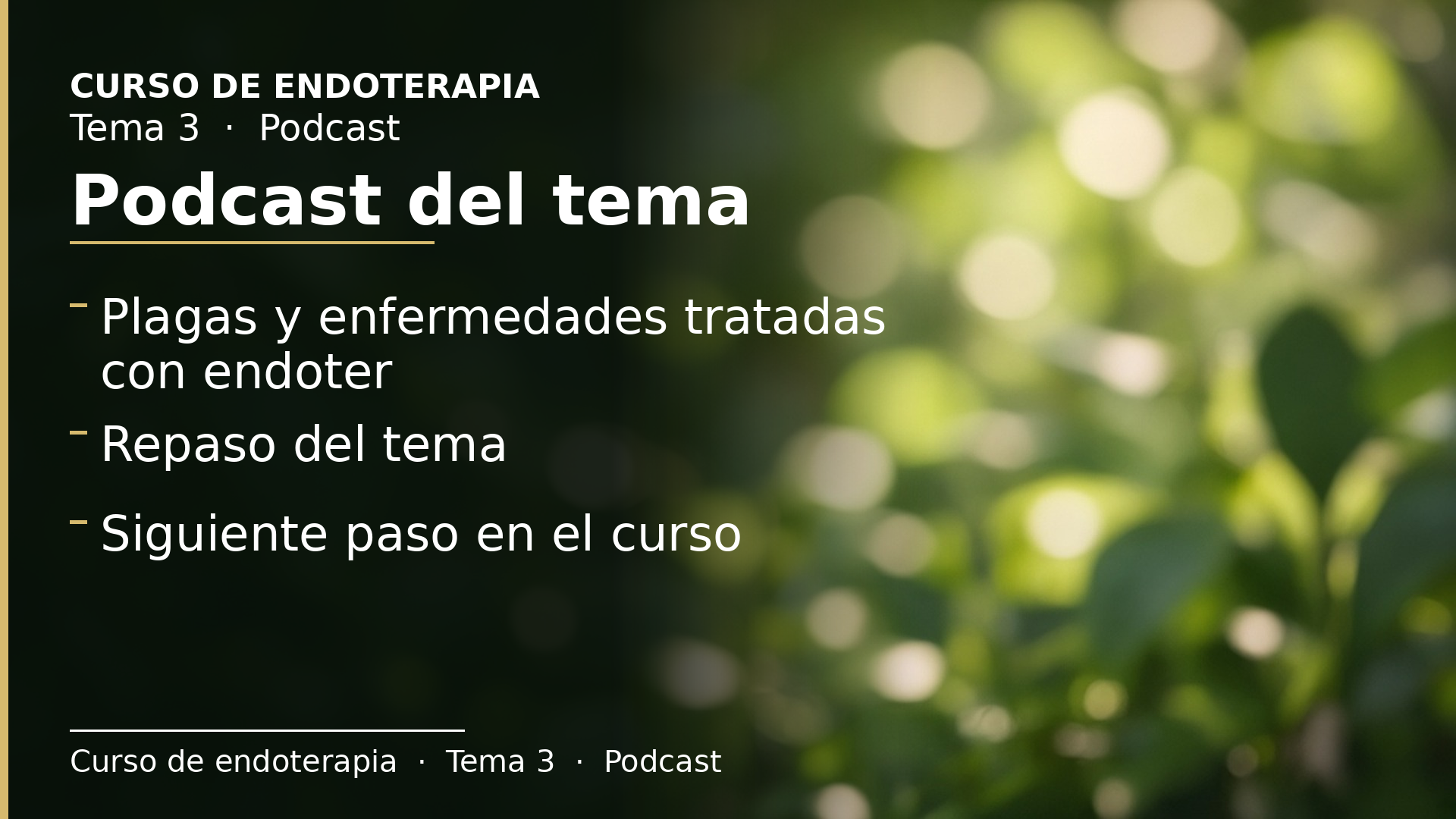 Diapositiva del resumen: Podcast del tema 3 · Plagas y enfermedades tratadas con endoterapia