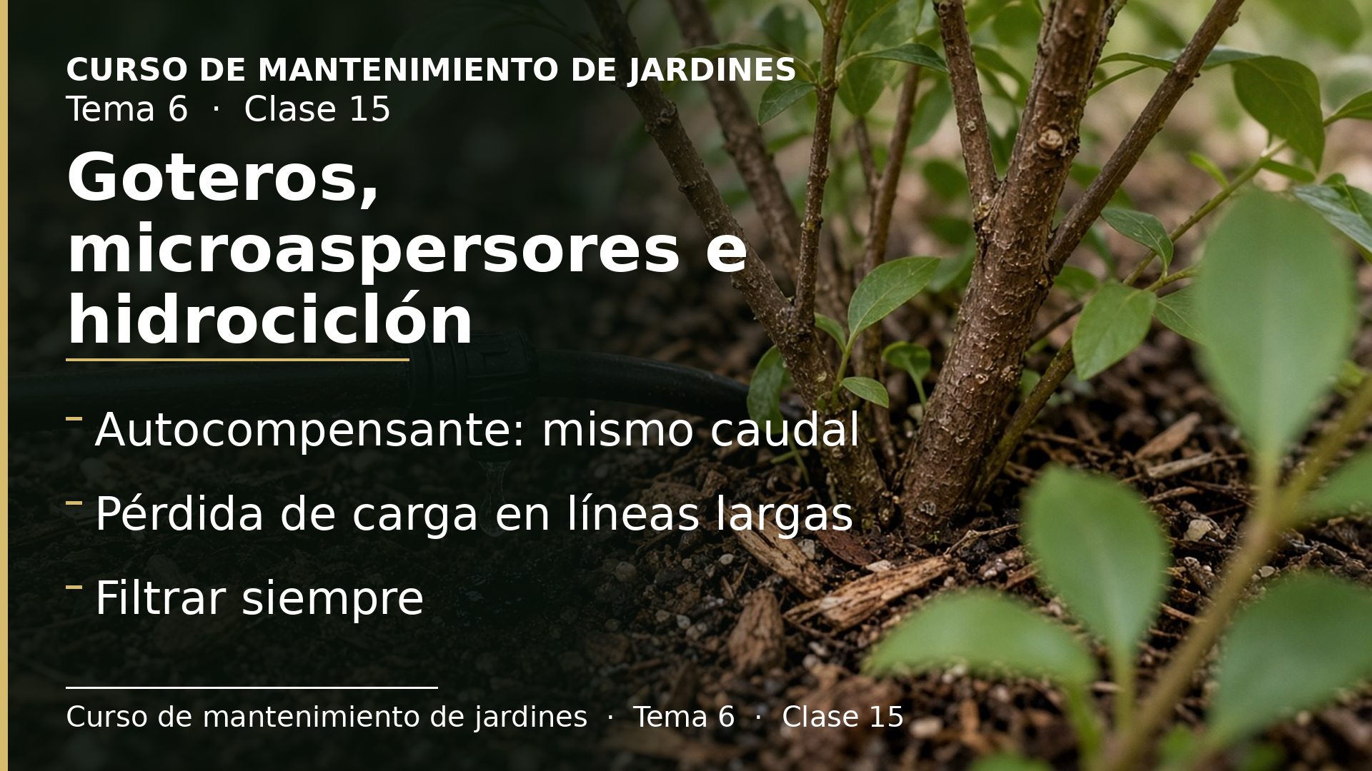 Diapositiva de la clase 15: Goteros, microaspersores y el comienzo del filtrado