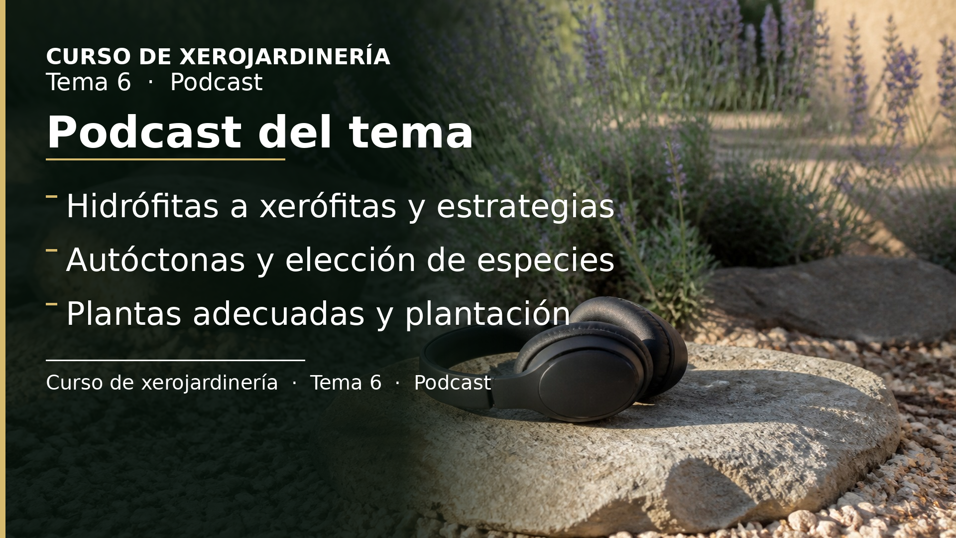 Diapositiva del resumen: Podcast del tema 6 · Especies vegetales para xerojardinería